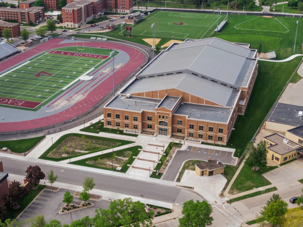 UWL Fieldhouse exterior aerial image designed by HSR