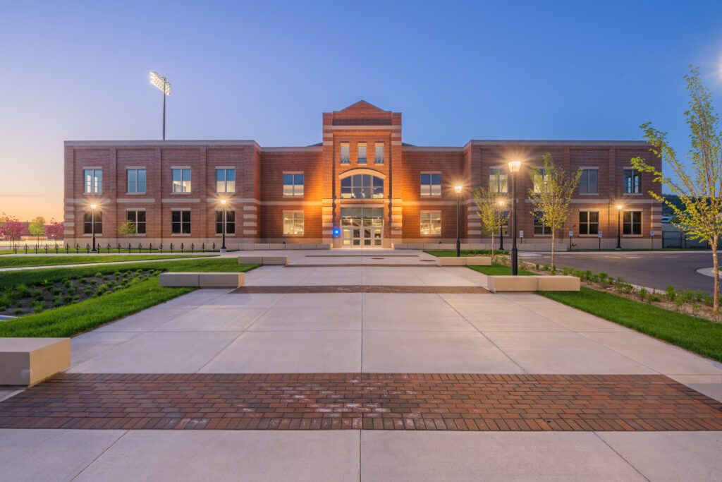 UWL Fieldhouse exterior front twilight image designed by HSR