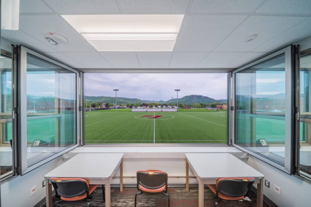UWL Soccer Support Center interior image overlooking the field designed by HSR