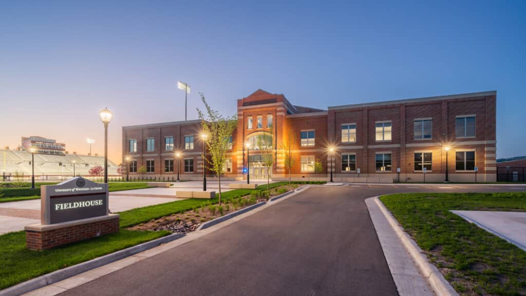 UWL Fieldhouse exterior front twilight image designed by HSR