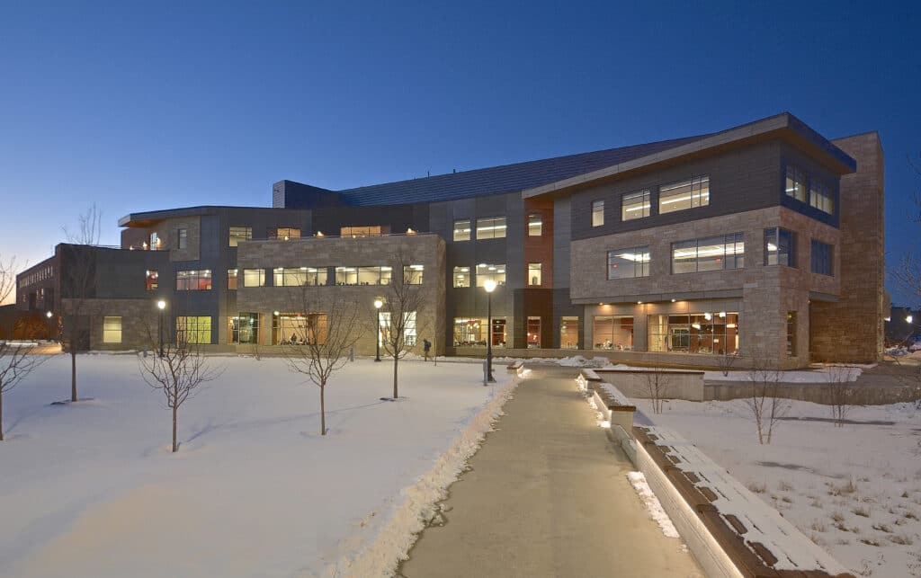 UWL Student Union exterior evening image in winter