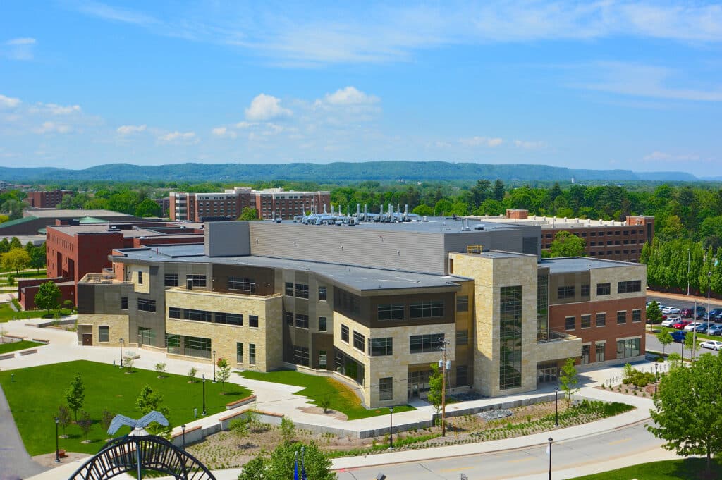 UWL Student Union summer exterior image taken from the vantage point of the nearby statdium