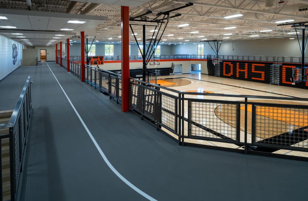 Dodgeville SD Gym Image shows upper walking track and lower main gym floor
