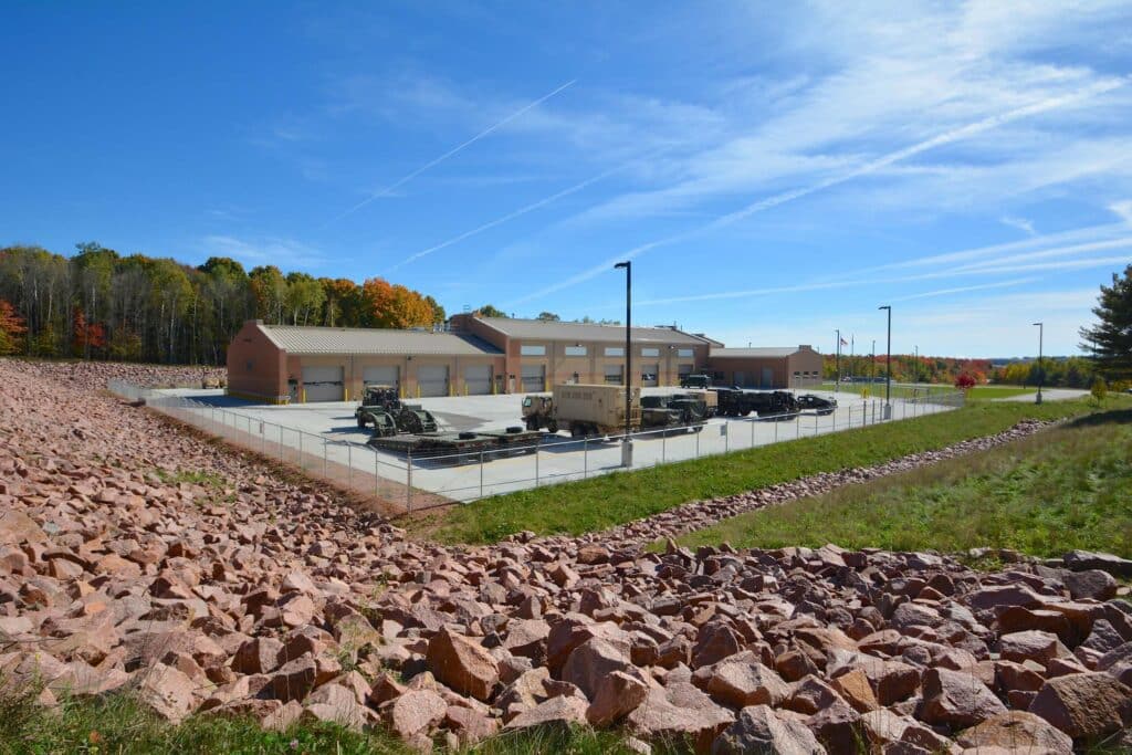 Outside View of Garage at Wausau Field Maintenance Center designed by HSR
