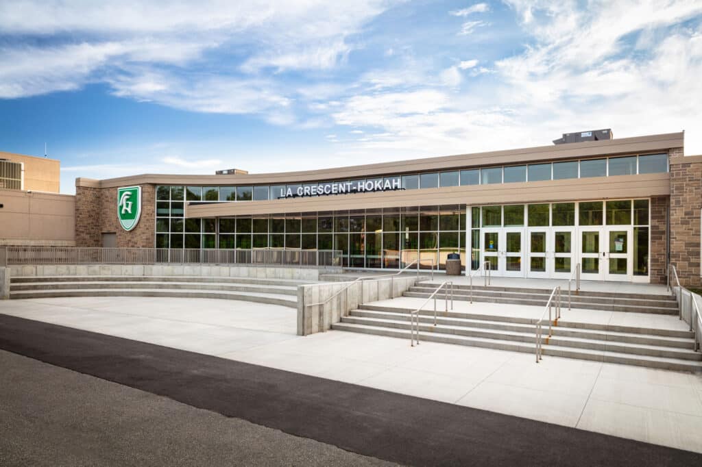 Close up exterior of La Crescent High School Addition designed by HSR