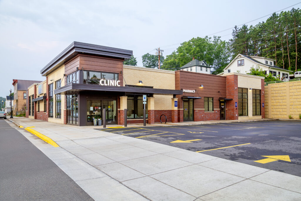 Exterior view of Elroy Clinic from the sidewalk designed by HSR