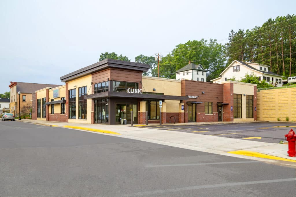 Exterior view of Elroy Clinic from middle of the street designed by HSR