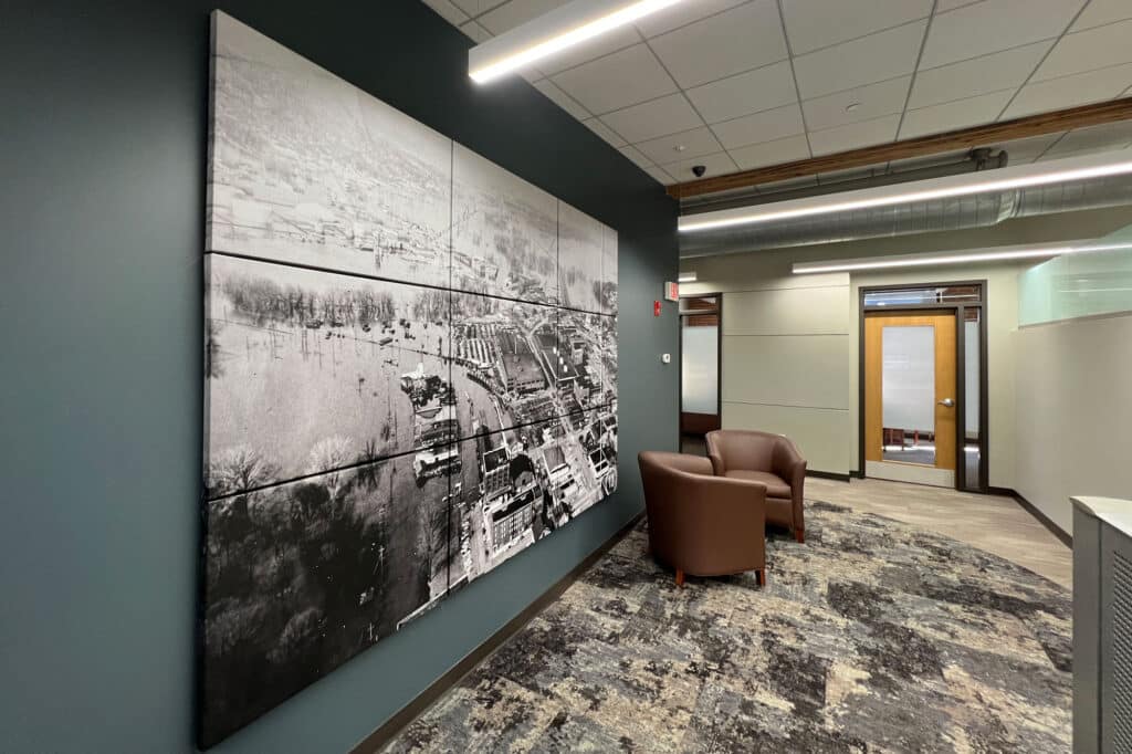 Marine Credit Union renovation open office area with historic artwork