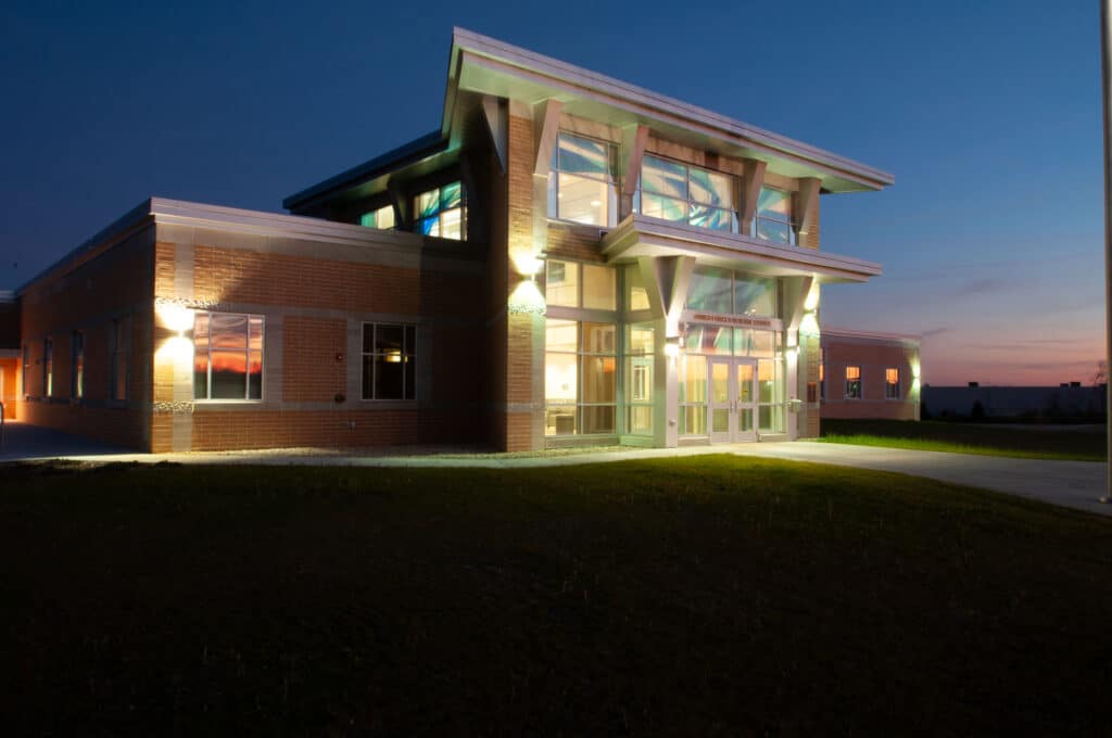 Madison AFRC exterior night shot of entry designed by HSR