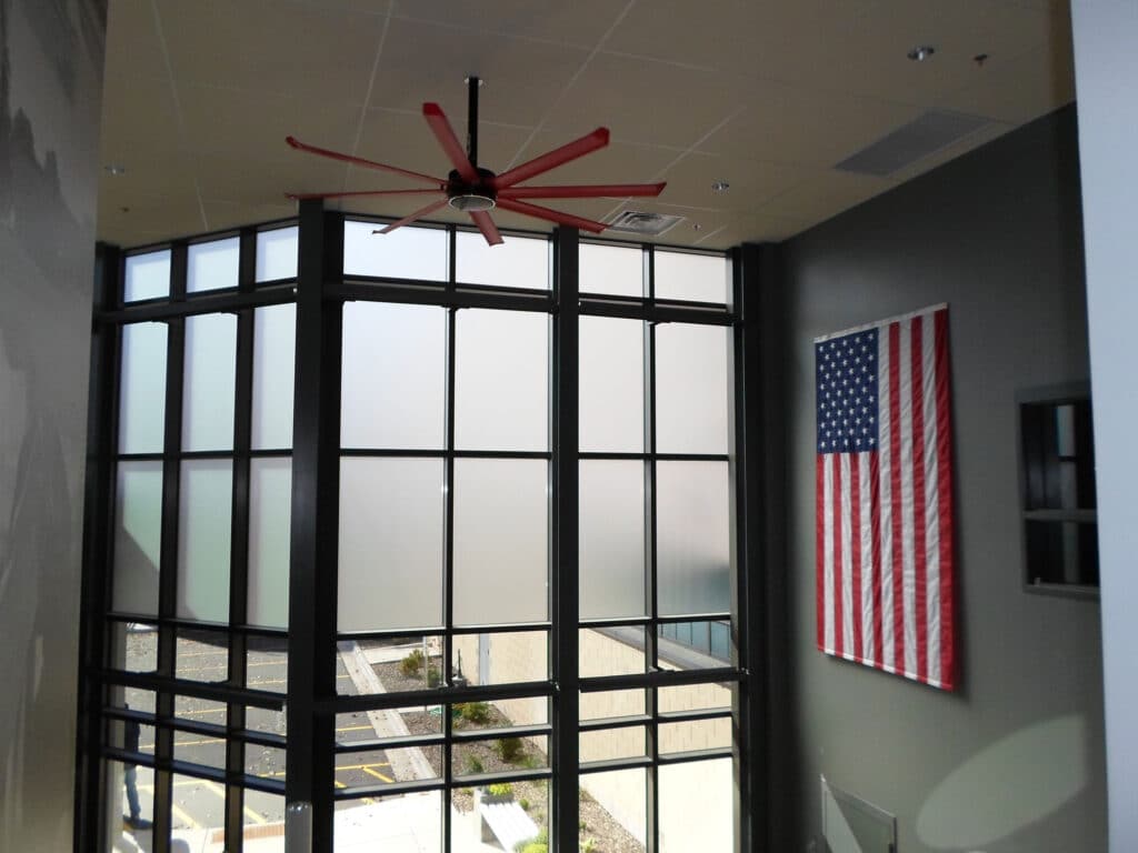 Ceiling fan in lobby of Trane Plant 7 Customer Space