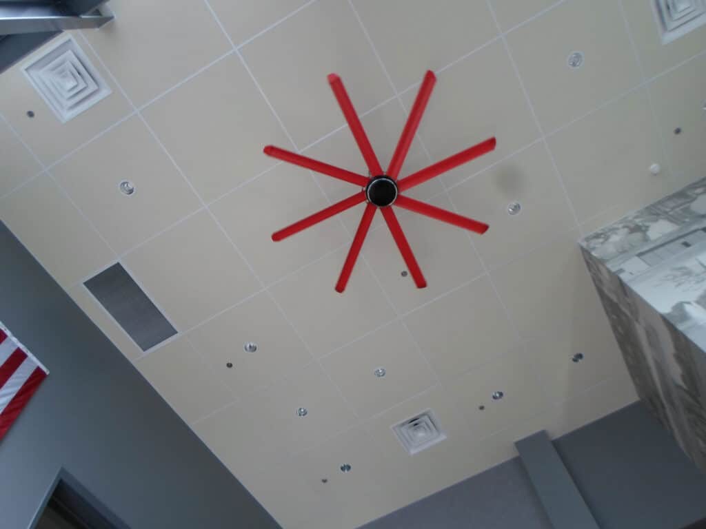Ceiling fan in lobby of Trane Plant 7 Customer Space