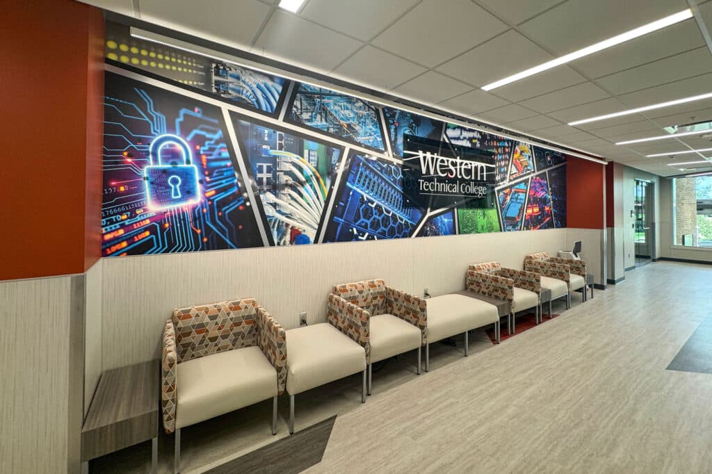WTC Wanek Innovation second floor hallway with colorful wall graphics