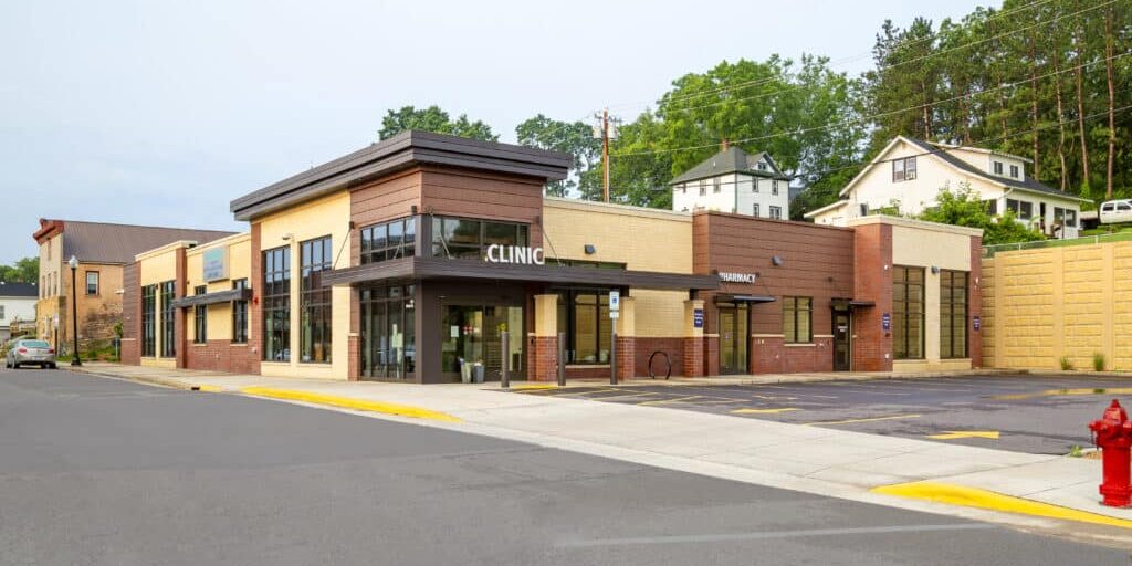 Exterior view of Elroy Clinic from middle of the street designed by HSR